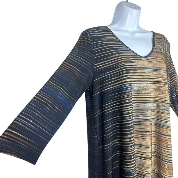 Clara SunWoo L Stripe Tunic Top Brown Navy Stretch Knit 3/4 Sleeve Artsy - Picture 7 of 9